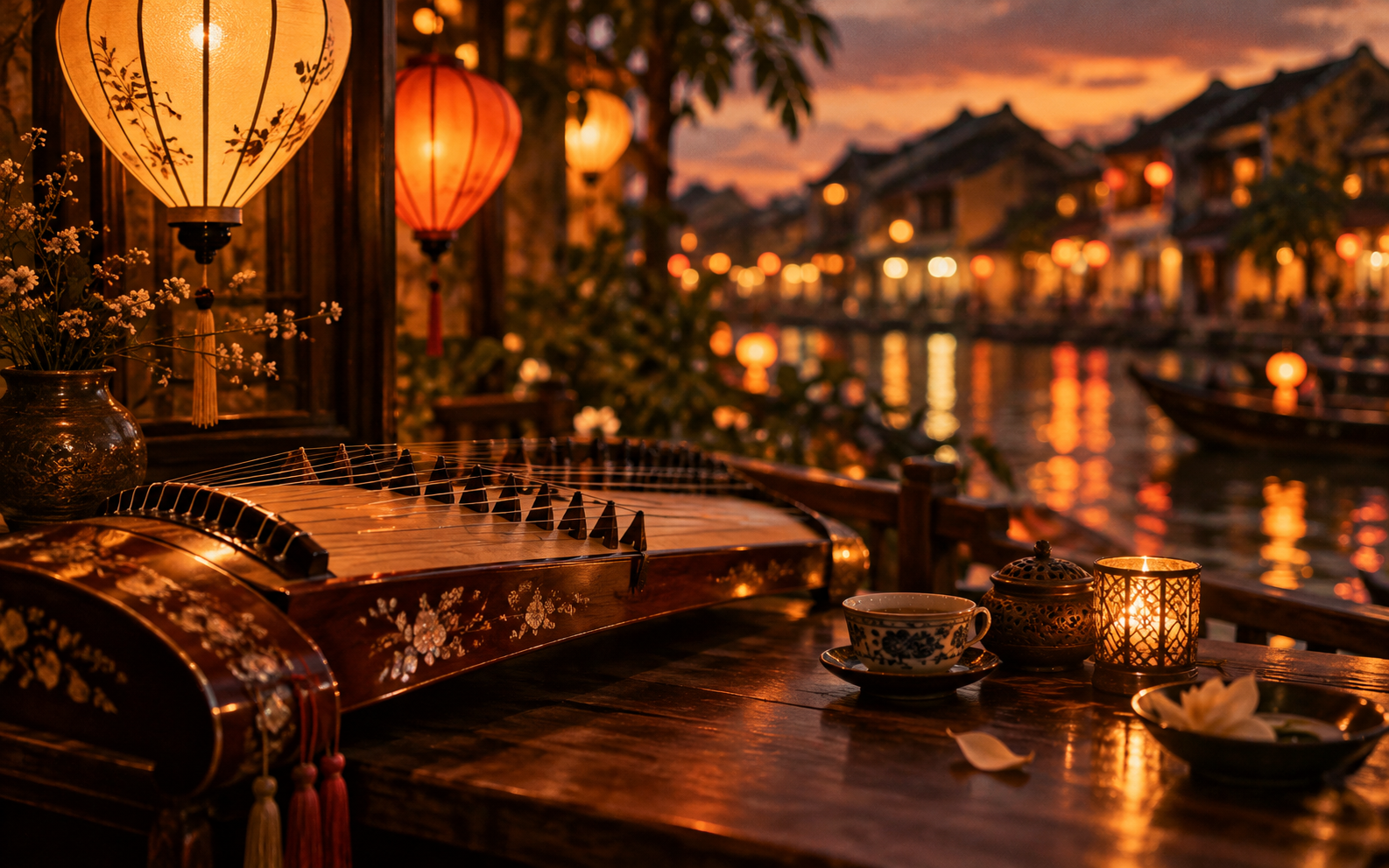 Minh hoạ nhạc cụ, ánh đèn lồng và không khí buổi trải nghiệm; không phải ảnh tư liệu